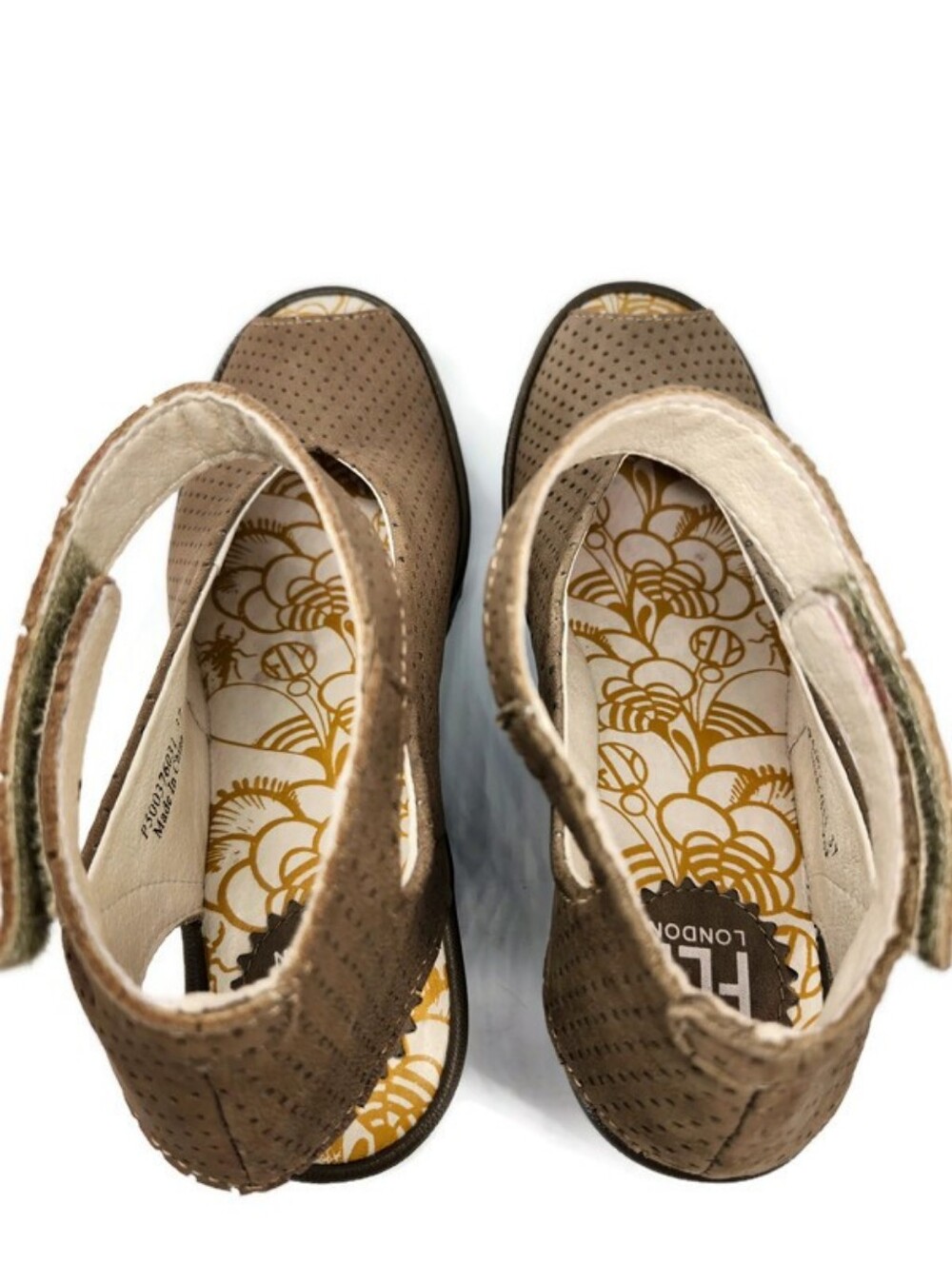 Fly London Yala Taupe Perforated Leather Ankle Strap Peep-Toe Wedge Heel Sandals - Picture 8 of 15